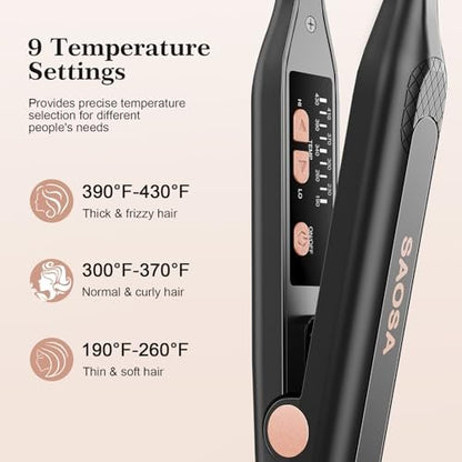 SAOSA Pencil Flat Iron for Short Hair - 3/10 Inch Mini Hair Straightener with 9 Temp Settings (190°F-430°F), Dual Voltage, Rose Gold Avelisse