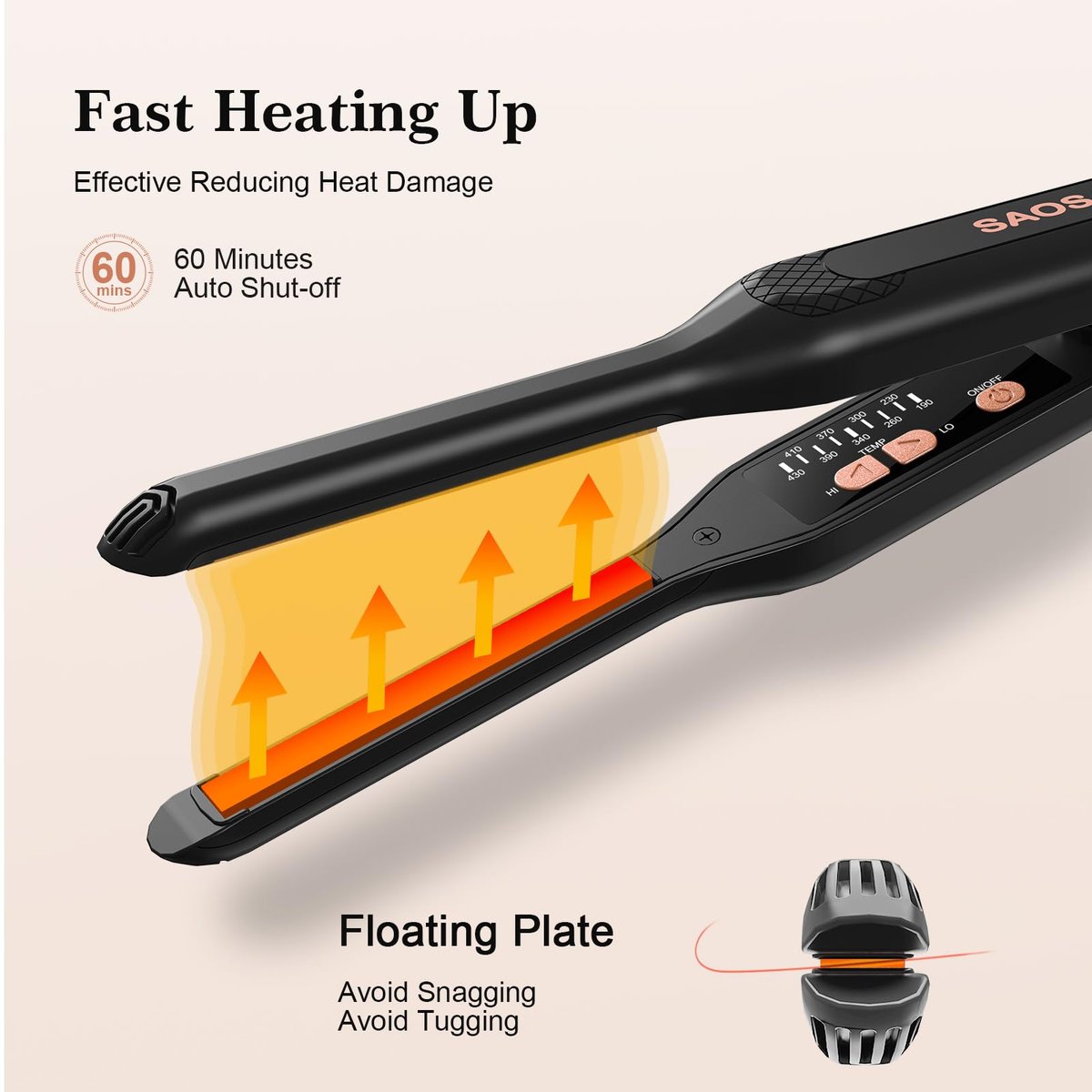 SAOSA Pencil Flat Iron for Short Hair - 3/10 Inch Mini Hair Straightener with 9 Temp Settings (190°F-430°F), Dual Voltage, Rose Gold Avelisse