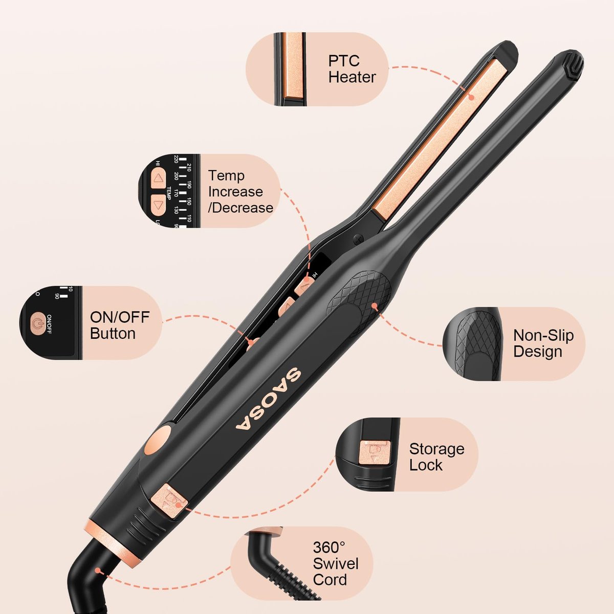 SAOSA Pencil Flat Iron for Short Hair - 3/10 Inch Mini Hair Straightener with 9 Temp Settings (190°F-430°F), Dual Voltage, Rose Gold Avelisse