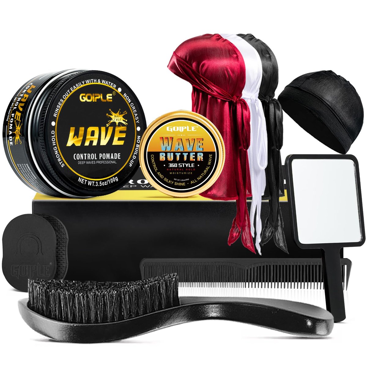 Goiple Wave Pomade for Men – Strong Hold, Easy Wash, 360 Wave Training Hair Cream with Brush & Durag Kit Avelisse