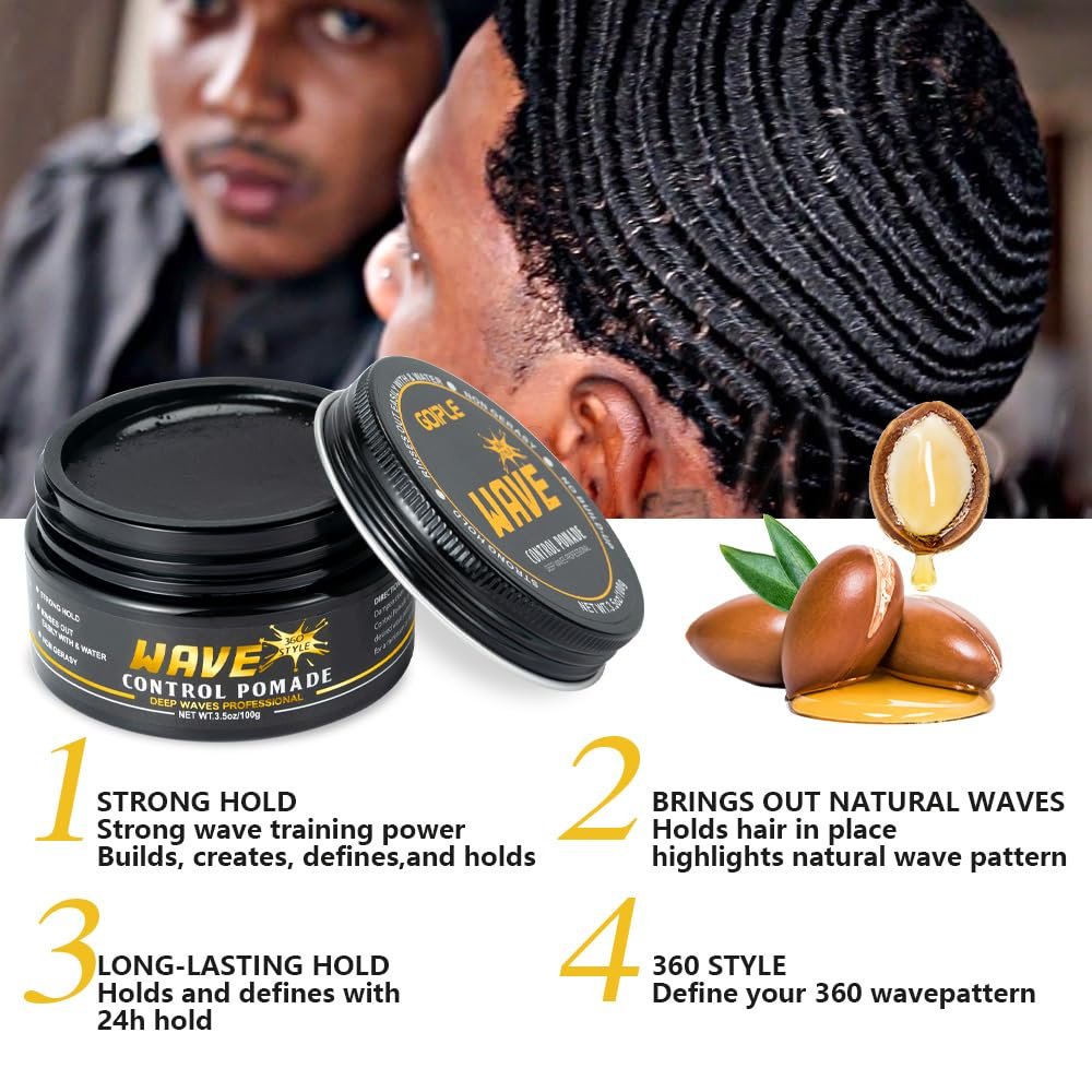 Goiple Wave Pomade for Men – Strong Hold, Easy Wash, 360 Wave Training Hair Cream with Brush & Durag Kit Avelisse