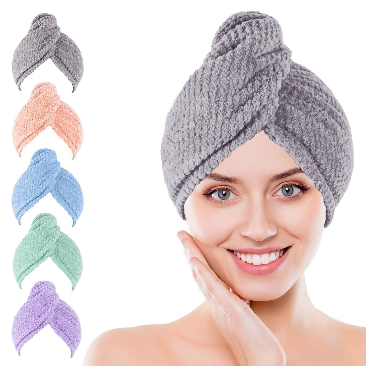 Kldnkig Soft Microfiber Hair Drying Towel Wrap – 5 Pack Elastic Hair Turbans for Fast Drying, Ideal for Women with Curly or Wet Hair - görsel 1