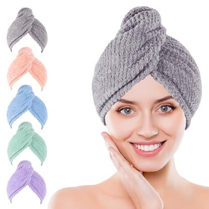 Kldnkig Soft Microfiber Hair Drying Towel Wrap – 5 Pack Elastic Hair Turbans for Fast Drying, Ideal for Women with Curly or Wet Hair