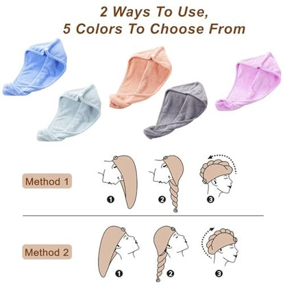 Kldnkig Soft Microfiber Hair Drying Towel Wrap – 5 Pack Elastic Hair Turbans for Fast Drying, Ideal for Women with Curly or Wet Hair