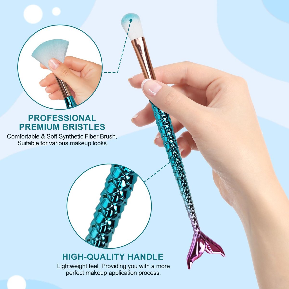 12-Piece Mermaid Makeup Brush Set with Beauty Hair Clip - Nylon Cosmetic Brushes for Foundation, Powder, Eyeshadow, Eyeliner & Blending - Kids Girls Christmas Makeup Tool Set - görsel 13