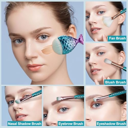 12-Piece Mermaid Makeup Brush Set with Beauty Hair Clip - Nylon Cosmetic Brushes for Foundation, Powder, Eyeshadow, Eyeliner & Blending - Kids Girls Christmas Makeup Tool Set - görsel 4