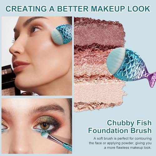 12-Piece Mermaid Makeup Brush Set with Beauty Hair Clip - Nylon Cosmetic Brushes for Foundation, Powder, Eyeshadow, Eyeliner & Blending - Kids Girls Christmas Makeup Tool Set - görsel 12
