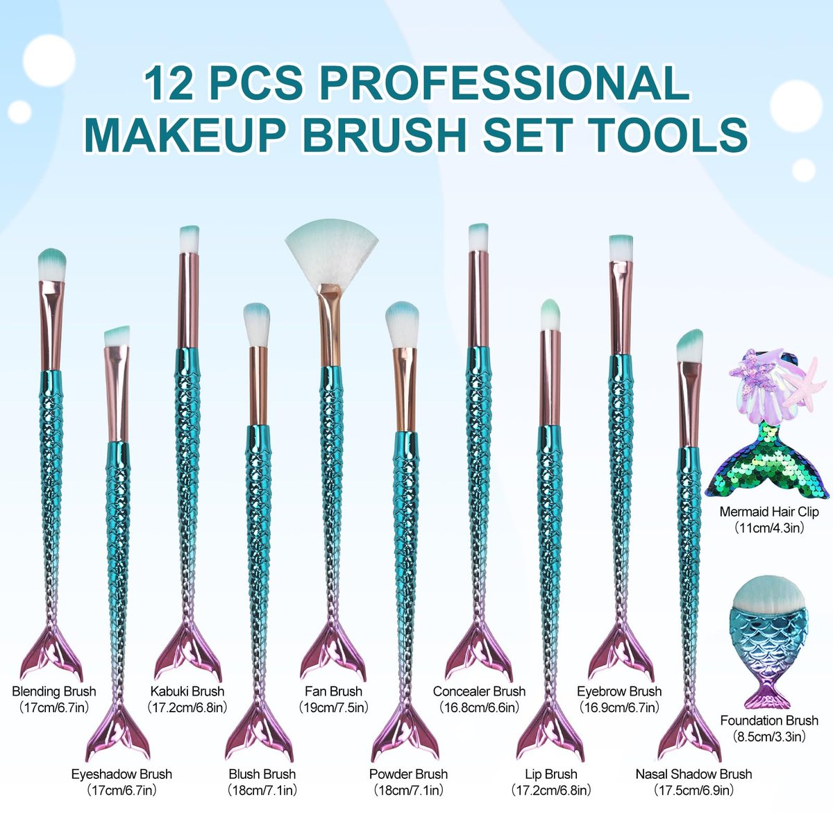 12-Piece Mermaid Makeup Brush Set with Beauty Hair Clip - Nylon Cosmetic Brushes for Foundation, Powder, Eyeshadow, Eyeliner & Blending - Kids Girls Christmas Makeup Tool Set - görsel 7