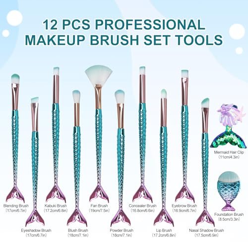 12-Piece Mermaid Makeup Brush Set with Beauty Hair Clip - Nylon Cosmetic Brushes for Foundation, Powder, Eyeshadow, Eyeliner & Blending - Kids Girls Christmas Makeup Tool Set - görsel 8