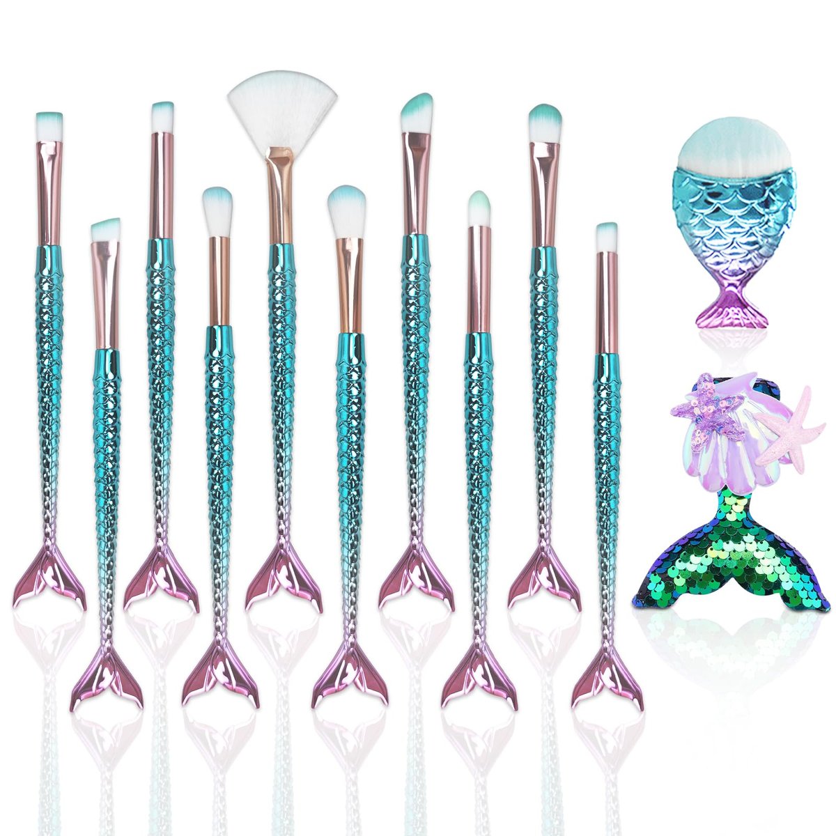 12-Piece Mermaid Makeup Brush Set with Beauty Hair Clip - Nylon Cosmetic Brushes for Foundation, Powder, Eyeshadow, Eyeliner & Blending - Kids Girls Christmas Makeup Tool Set - görsel 1