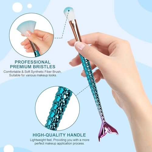 12-Piece Mermaid Makeup Brush Set with Beauty Hair Clip - Nylon Cosmetic Brushes for Foundation, Powder, Eyeshadow, Eyeliner & Blending - Kids Girls Christmas Makeup Tool Set - görsel 14