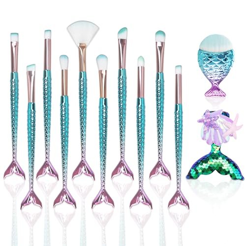 12-Piece Mermaid Makeup Brush Set with Beauty Hair Clip - Nylon Cosmetic Brushes for Foundation, Powder, Eyeshadow, Eyeliner & Blending - Kids Girls Christmas Makeup Tool Set - görsel 2
