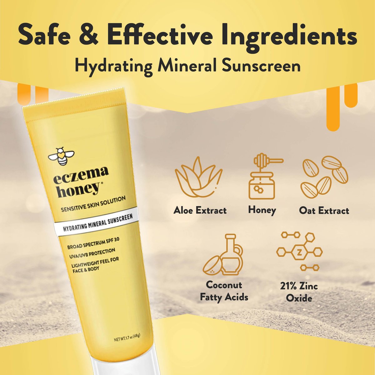 Eczema Honey Hydrating Mineral Sunscreen SPF 30 - Lightweight Body & Face Sun Cream (1.7 Oz) Avelisse