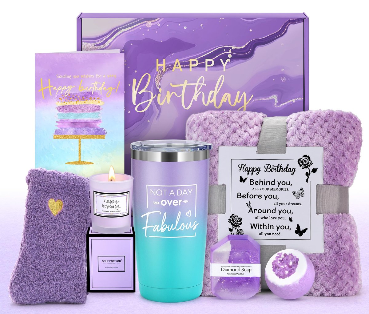 Happy Birthday Purple Gift Basket for Women - Unique Birthday Gifts for Mom, Sister, Best Friend, Female Her Avelisse
