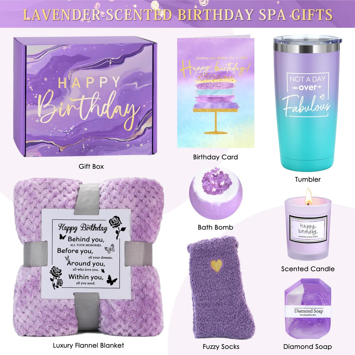Happy Birthday Purple Gift Basket for Women - Unique Birthday Gifts for Mom, Sister, Best Friend, Female Her Avelisse