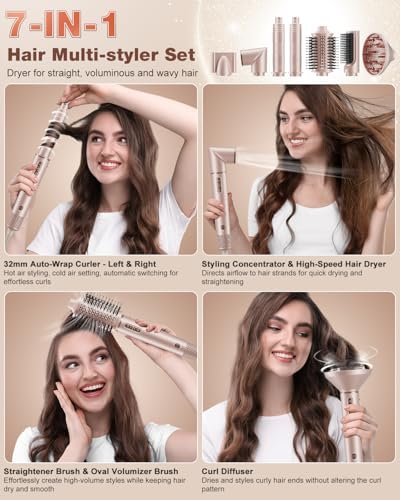 7MAGIC 7-in-1 Hair Styler & Hair Dryer Brush - 110,000 RPM High-Speed Blow Dryer with Negative Ions, Frizz-Free Styling, Fast Drying, Curling, Volumizing, Straightening (Pink, with Travel Case) Avelisse