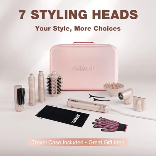 7MAGIC 7-in-1 Hair Styler & Hair Dryer Brush - 110,000 RPM High-Speed Blow Dryer with Negative Ions, Frizz-Free Styling, Fast Drying, Curling, Volumizing, Straightening (Pink, with Travel Case) Avelisse