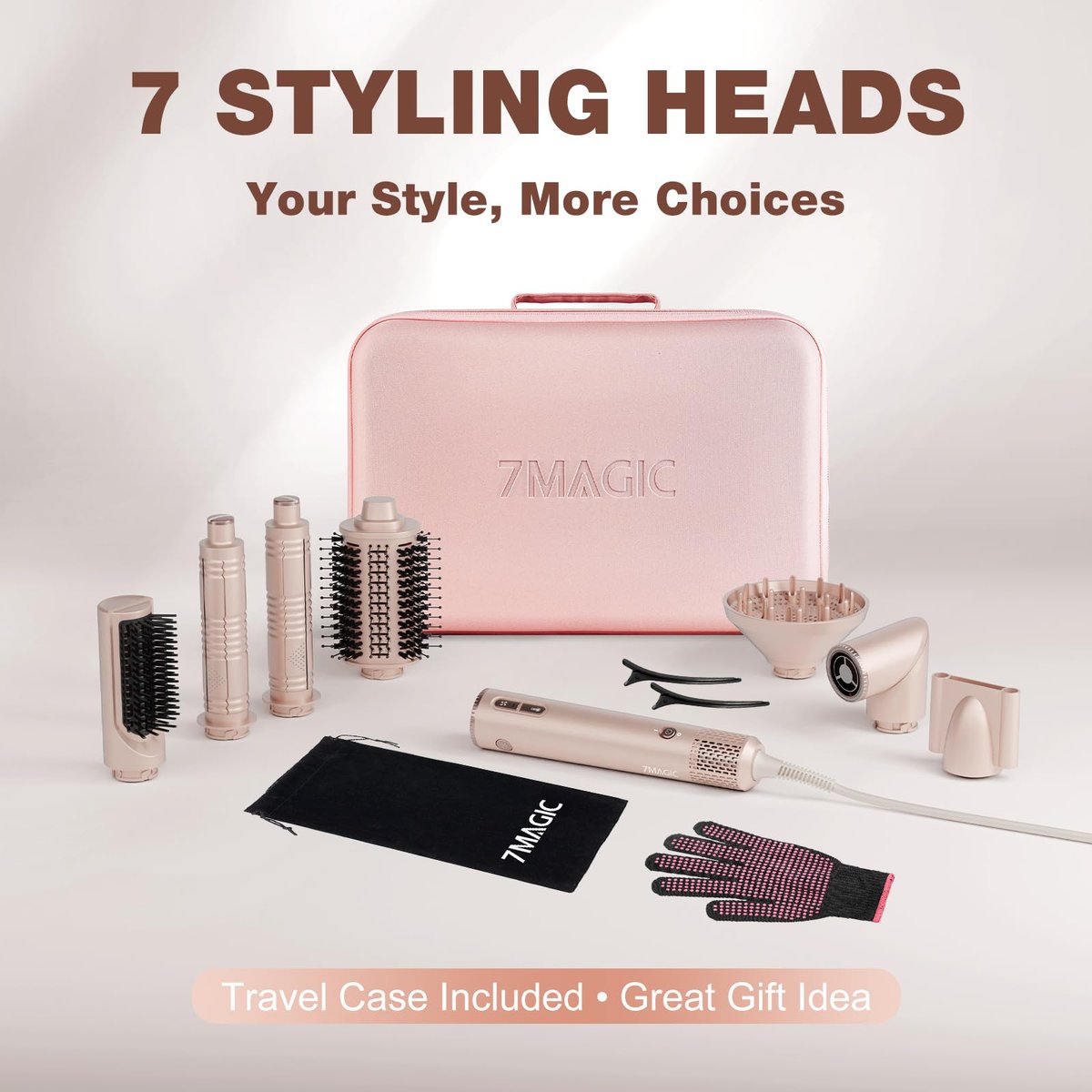 7MAGIC 7-in-1 Hair Styler & Hair Dryer Brush - 110,000 RPM High-Speed Blow Dryer with Negative Ions, Frizz-Free Styling, Fast Drying, Curling, Volumizing, Straightening (Pink, with Travel Case) Avelisse
