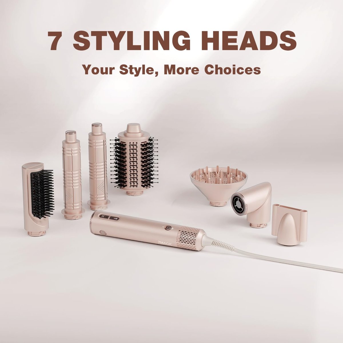 7MAGIC 7-in-1 Hair Styler & Hair Dryer Brush - 110,000 RPM High-Speed Blow Dryer with Negative Ions, Frizz-Free Styling, Fast Drying, Curling, Volumizing, Straightening (Pink, with Travel Case) Avelisse