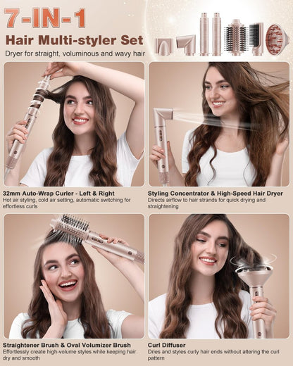 7MAGIC 7-in-1 Hair Styler & Hair Dryer Brush - 110,000 RPM High-Speed Blow Dryer with Negative Ions, Frizz-Free Styling, Fast Drying, Curling, Volumizing, Straightening (Pink, with Travel Case) Avelisse