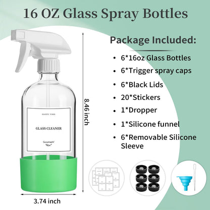 GIVAMEIHF 16oz Clear Glass Spray Bottles, 6 Pack - Refillable Empty Bottles with Adjustable Nozzle for Essential Oils, Cleaning, Pets, Hair Mister Avelisse