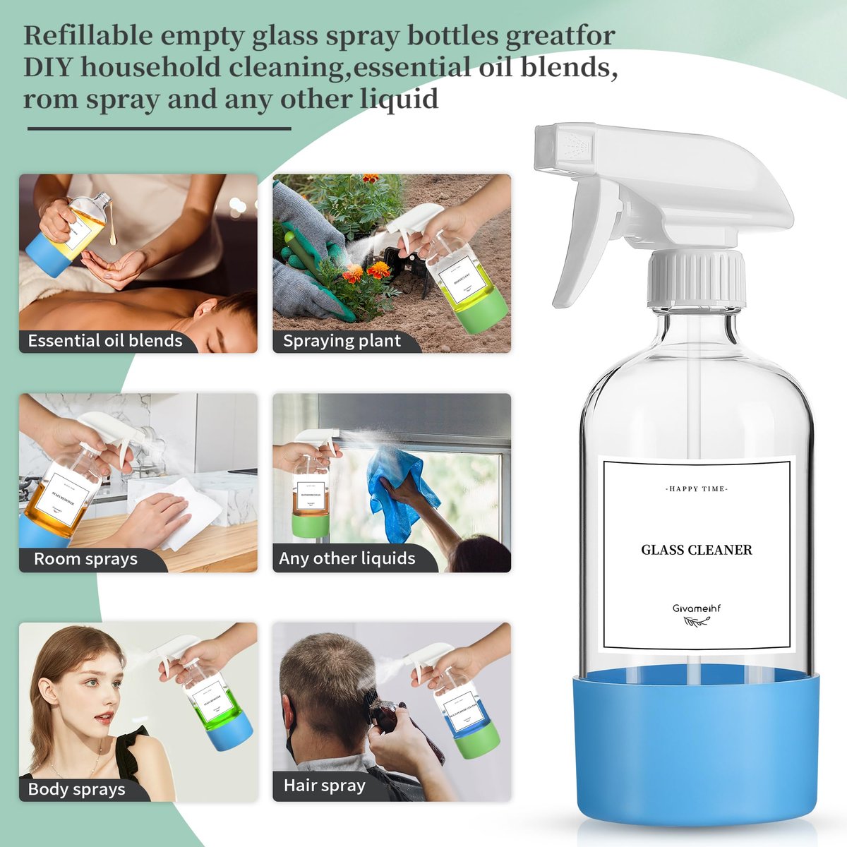 GIVAMEIHF 16oz Clear Glass Spray Bottles, 6 Pack - Refillable Empty Bottles with Adjustable Nozzle for Essential Oils, Cleaning, Pets, Hair Mister Avelisse