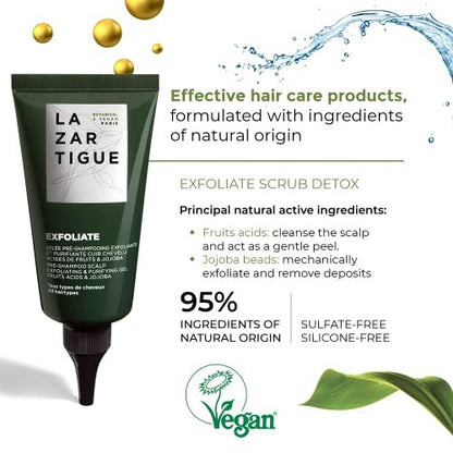Lazartigue Exfoliate Gel, Oxygenating Detox Scalp Scrub with Jojoba Beads and Fruit Acids, Vegan, 2.5 Fl Oz