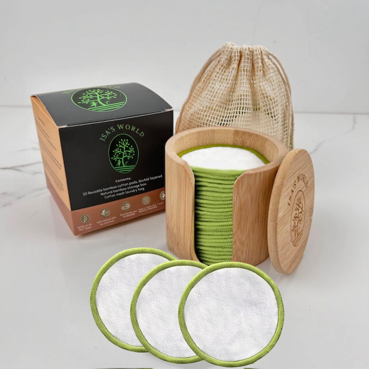 ISA’S World Reusable Makeup Remover Bamboo Cotton Pads (20 Pack) – Organic Bamboo Cotton Rounds with Washable Laundry Bag & Bamboo Storage Jar for All Skin Types - görsel 1