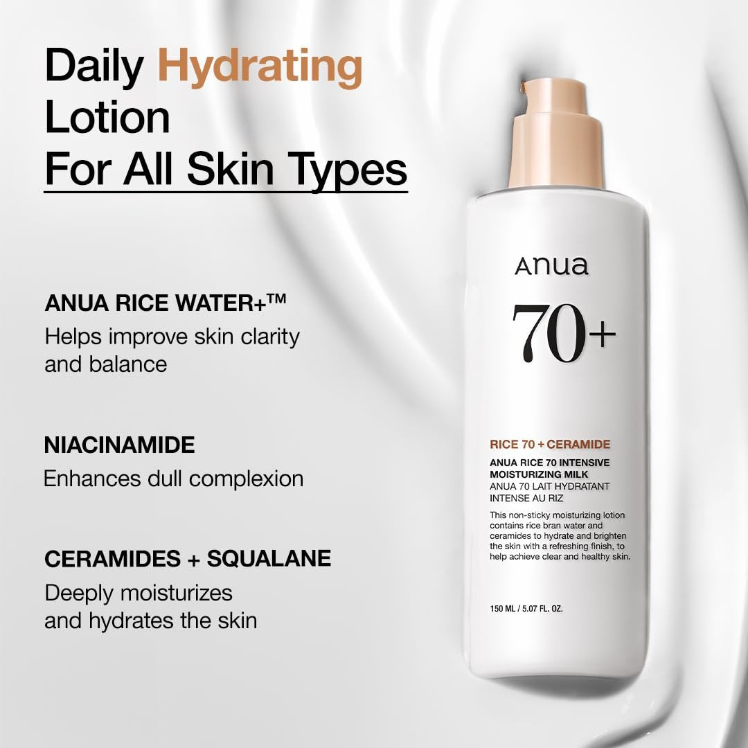 ANUA Rice 70 Intensive Moisturizing Milk - Hydrating Face Lotion with Niacinamide & Ceramides, Lightweight Nourishing for All Skin Types, Korean Skincare, 5.07 fl.oz. - görsel 5