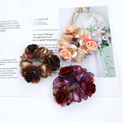 inSowni 7 Pieces Stretchy Mesh Rose Flower Hair Scrunchies - Floral Hair Ties & Ponytail Holders for Women & Girls Avelisse