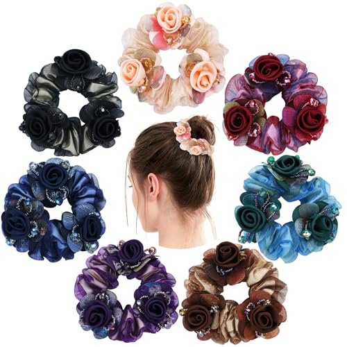 inSowni 7 Pieces Stretchy Mesh Rose Flower Hair Scrunchies - Floral Hair Ties & Ponytail Holders for Women & Girls Avelisse