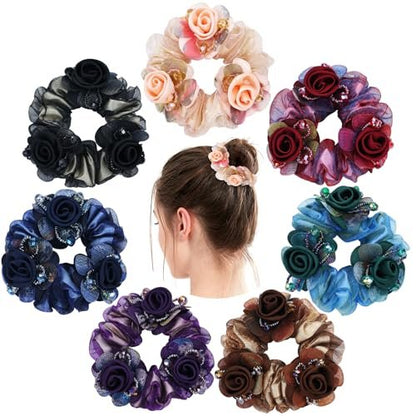 inSowni 7 Pieces Stretchy Mesh Rose Flower Hair Scrunchies - Floral Hair Ties & Ponytail Holders for Women & Girls Avelisse