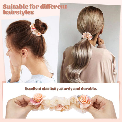 inSowni 7 Pieces Stretchy Mesh Rose Flower Hair Scrunchies - Floral Hair Ties & Ponytail Holders for Women & Girls Avelisse