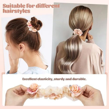 inSowni 7 Pieces Stretchy Mesh Rose Flower Hair Scrunchies - Floral Hair Ties & Ponytail Holders for Women & Girls Avelisse