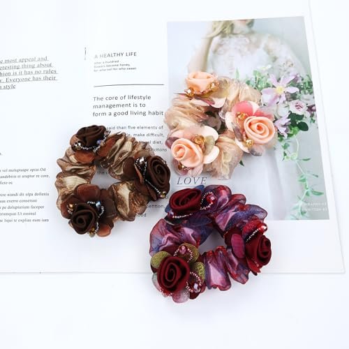 inSowni 7 Pieces Stretchy Mesh Rose Flower Hair Scrunchies - Floral Hair Ties & Ponytail Holders for Women & Girls Avelisse
