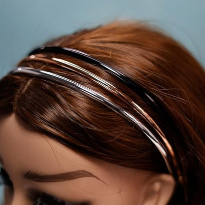 Metallic Color Skinny Headbands for Women and Girls - 3 Pack (Black, Silver, Gold)