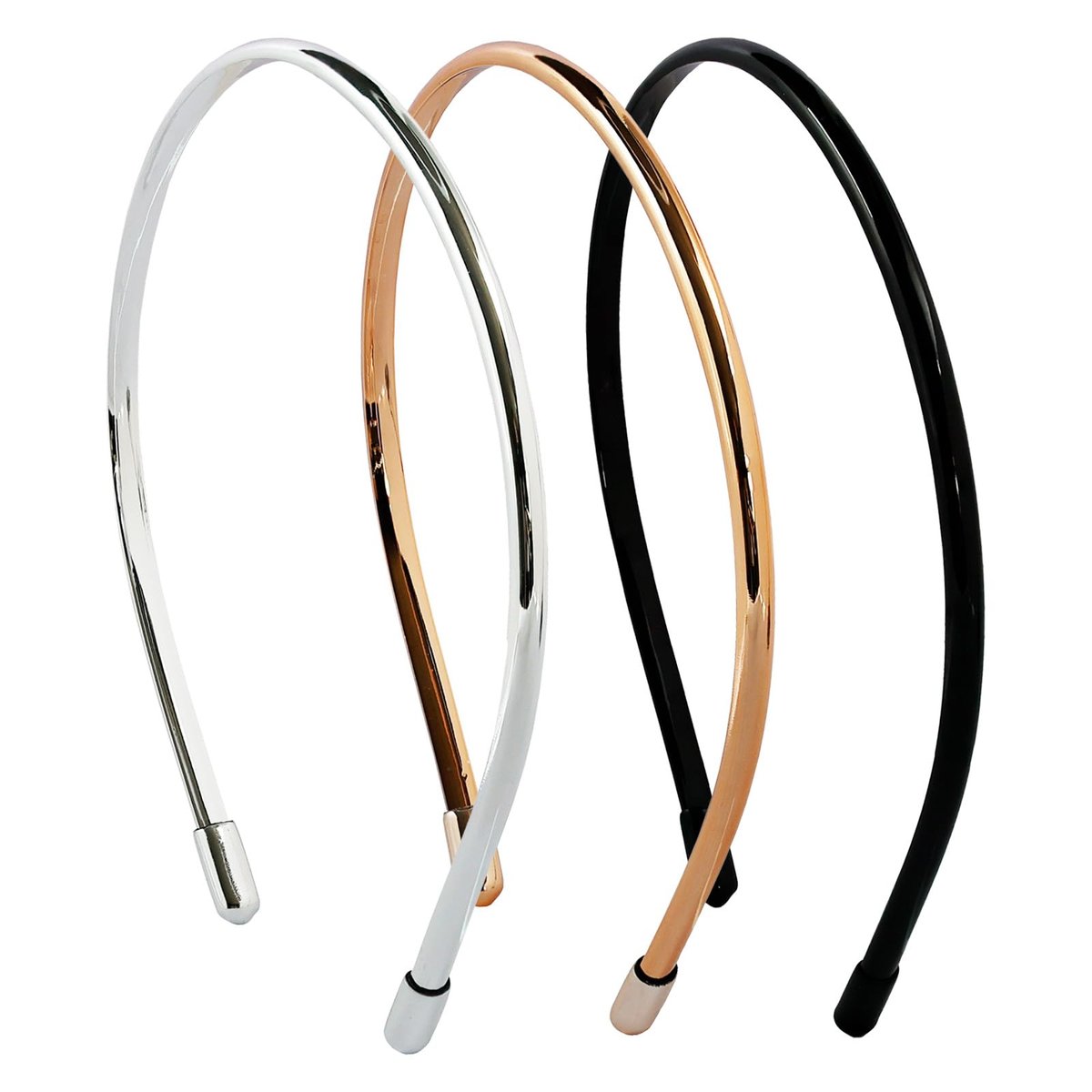 Metallic Color Skinny Headbands for Women and Girls - 3 Pack (Black, Silver, Gold) - görsel 1
