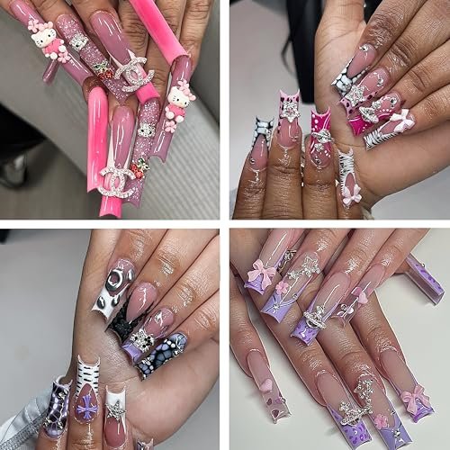 112 PCS Nail Charms Bulk Set - Kawaii Kitty Charms, Bling Cross Star Charms, 3D Silver Y2K Nail Gems with Rhinestones - görsel 8