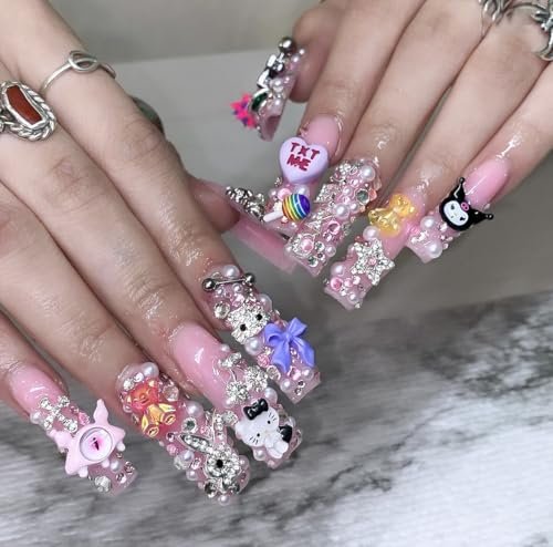 112 PCS Nail Charms Bulk Set - Kawaii Kitty Charms, Bling Cross Star Charms, 3D Silver Y2K Nail Gems with Rhinestones - görsel 6
