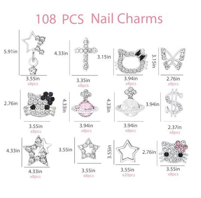 112 PCS Nail Charms Bulk Set - Kawaii Kitty Charms, Bling Cross Star Charms, 3D Silver Y2K Nail Gems with Rhinestones