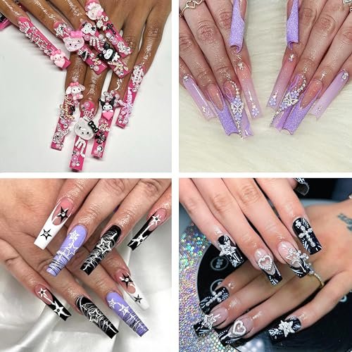 112 PCS Nail Charms Bulk Set - Kawaii Kitty Charms, Bling Cross Star Charms, 3D Silver Y2K Nail Gems with Rhinestones - görsel 14