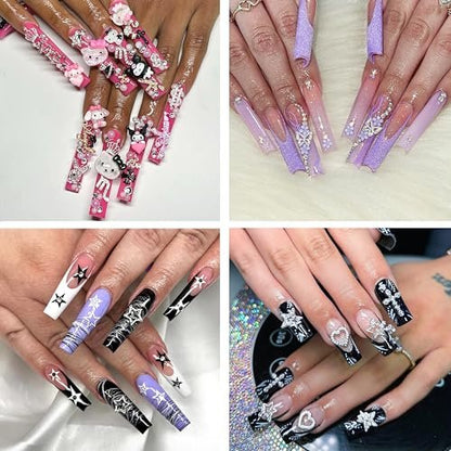 112 PCS Nail Charms Bulk Set - Kawaii Kitty Charms, Bling Cross Star Charms, 3D Silver Y2K Nail Gems with Rhinestones