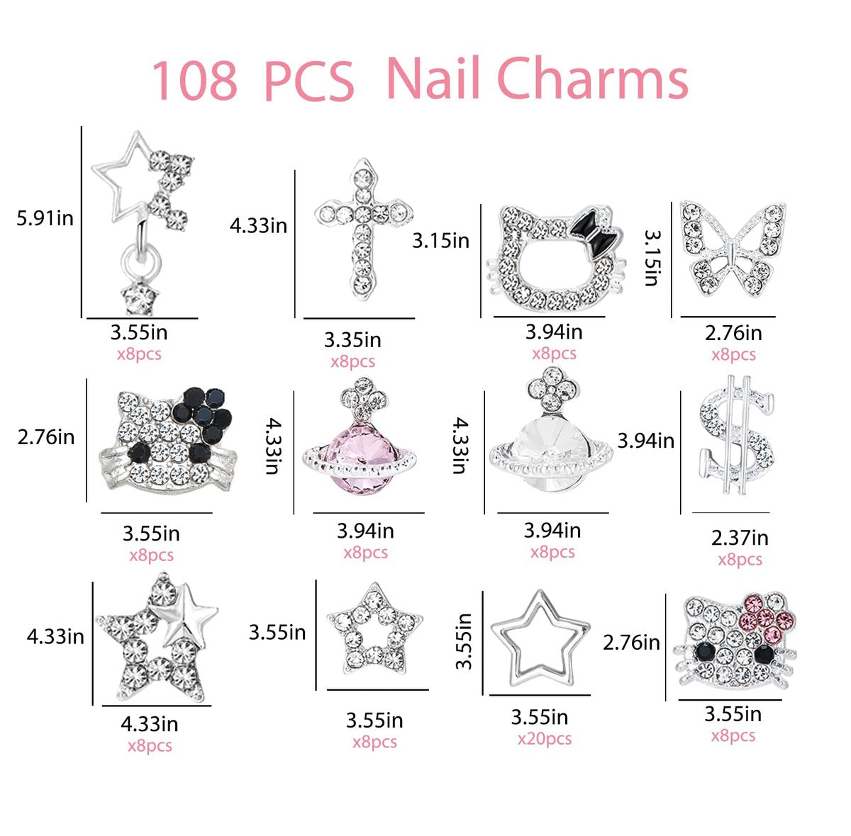 112 PCS Nail Charms Bulk Set - Kawaii Kitty Charms, Bling Cross Star Charms, 3D Silver Y2K Nail Gems with Rhinestones - görsel 3