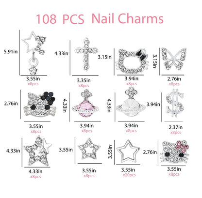 112 PCS Nail Charms Bulk Set - Kawaii Kitty Charms, Bling Cross Star Charms, 3D Silver Y2K Nail Gems with Rhinestones