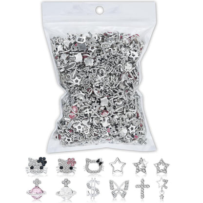 112 PCS Nail Charms Bulk Set - Kawaii Kitty Charms, Bling Cross Star Charms, 3D Silver Y2K Nail Gems with Rhinestones
