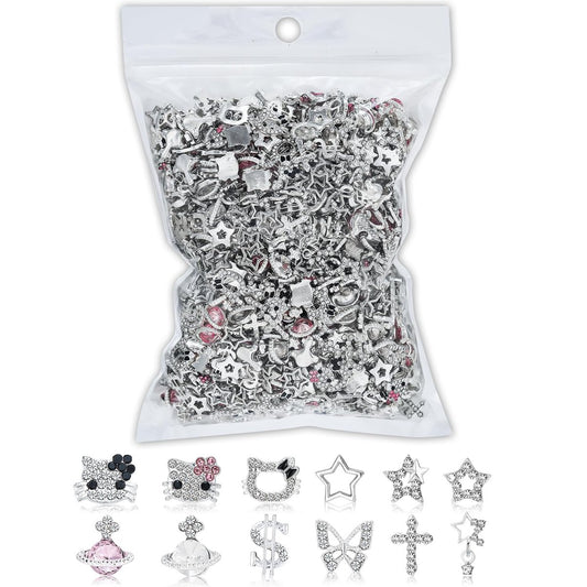 112 PCS Nail Charms Bulk Set - Kawaii Kitty Charms, Bling Cross Star Charms, 3D Silver Y2K Nail Gems with Rhinestones