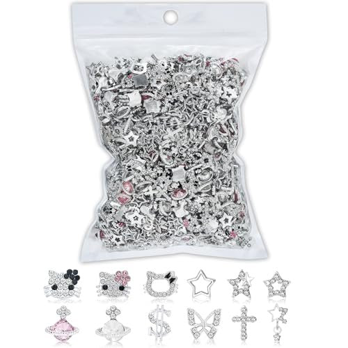 112 PCS Nail Charms Bulk Set - Kawaii Kitty Charms, Bling Cross Star Charms, 3D Silver Y2K Nail Gems with Rhinestones - görsel 2