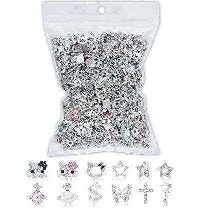 112 PCS Nail Charms Bulk Set - Kawaii Kitty Charms, Bling Cross Star Charms, 3D Silver Y2K Nail Gems with Rhinestones