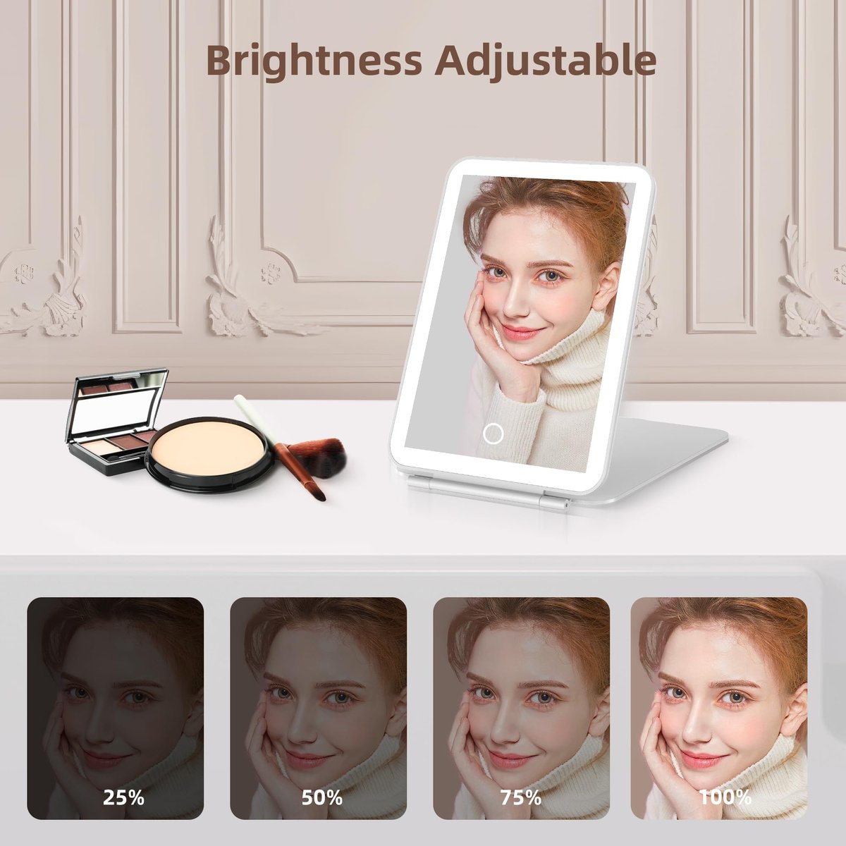 Hansong Folding Makeup Mirror with Lights Rechargeable 7.9 Inch Travel Mirror with 72 LED Lights, 3 Color Adjustable Lighting Dimmable Beauty Gift for Women Avelisse