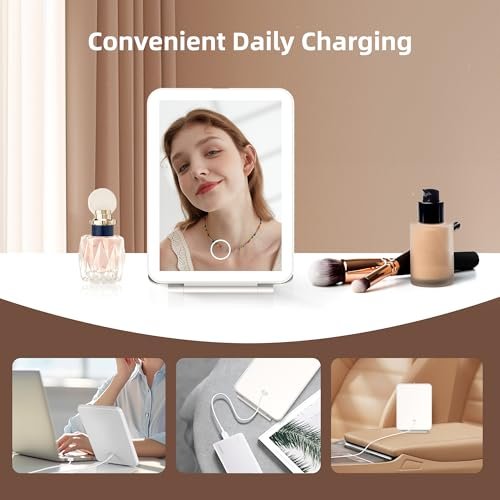 Hansong Folding Makeup Mirror with Lights Rechargeable 7.9 Inch Travel Mirror with 72 LED Lights, 3 Color Adjustable Lighting Dimmable Beauty Gift for Women Avelisse